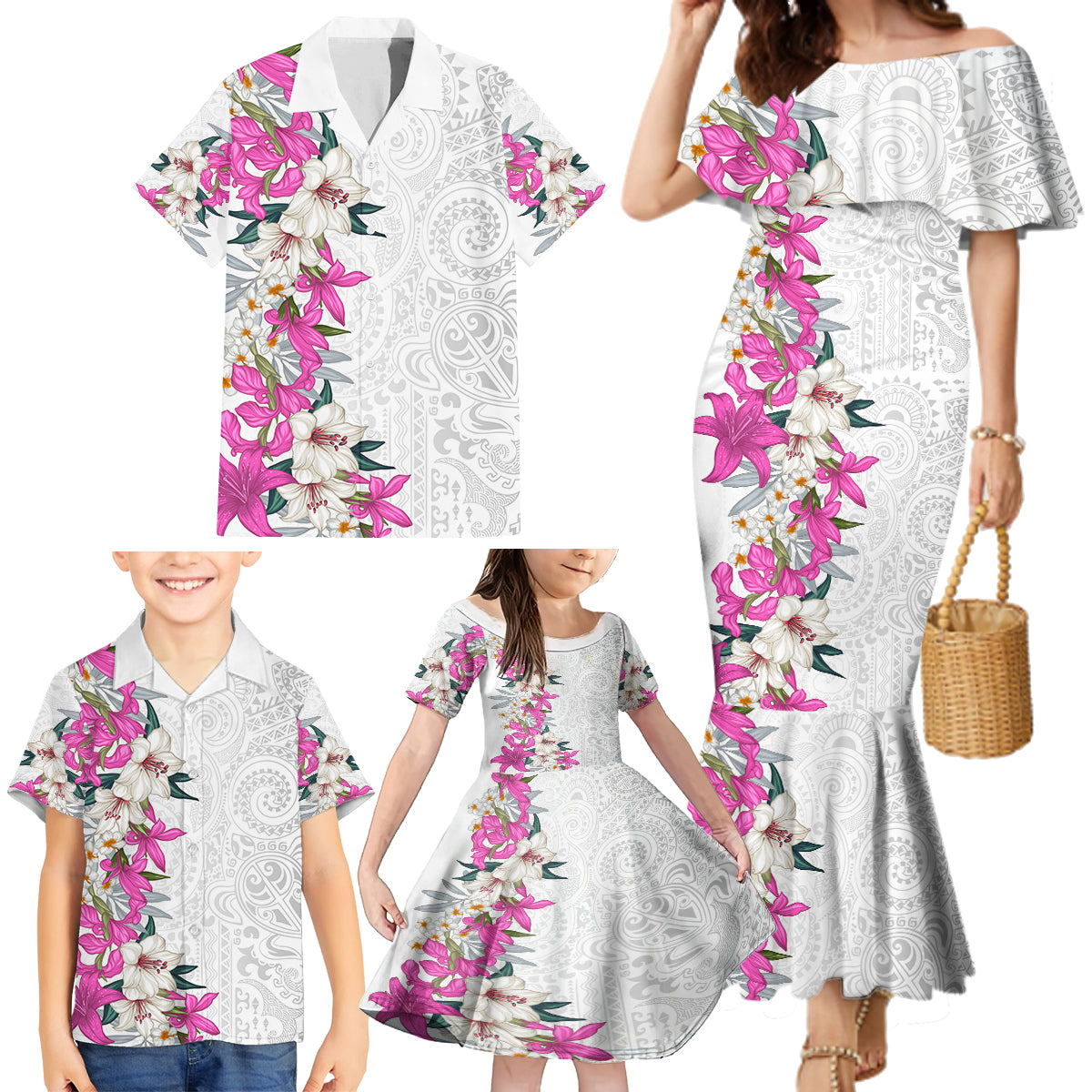 Hawaii Tropical Leaves and Flowers Family Matching Mermaid Dress and Hawaiian Shirt Tribal Polynesian Pattern White Style