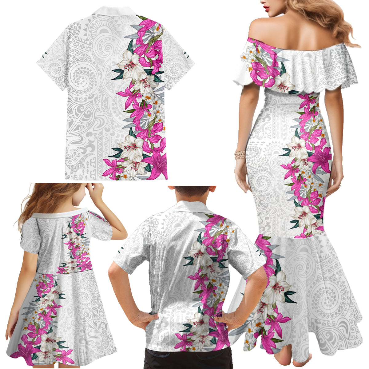 Hawaii Tropical Leaves and Flowers Family Matching Mermaid Dress and Hawaiian Shirt Tribal Polynesian Pattern White Style