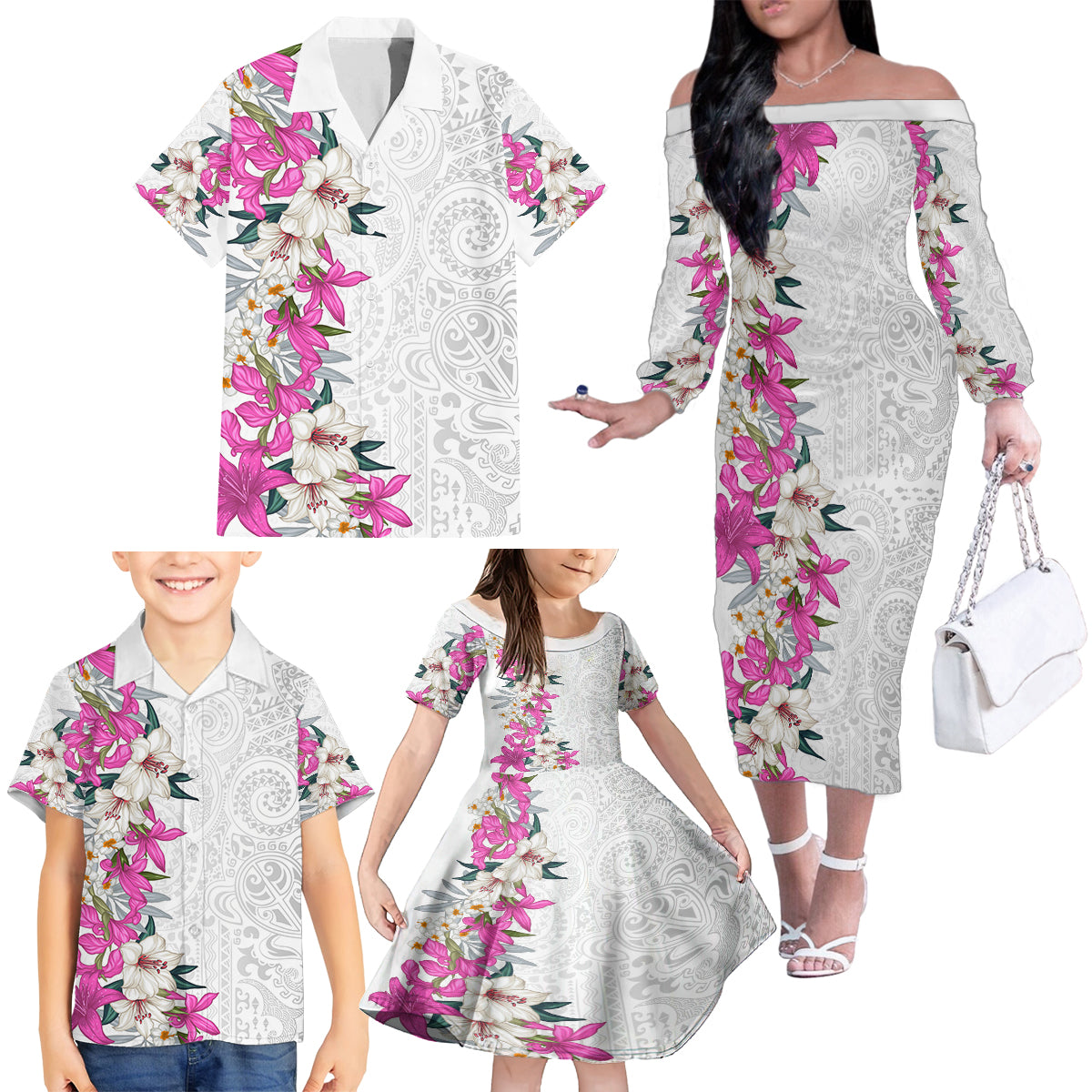 Hawaii Tropical Leaves and Flowers Family Matching Off The Shoulder Long Sleeve Dress and Hawaiian Shirt Tribal Polynesian Pattern White Style