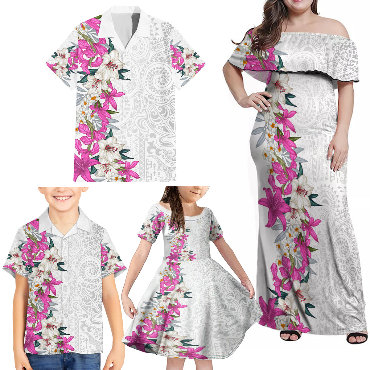 Hawaii Tropical Leaves and Flowers Family Matching Off Shoulder Maxi Dress and Hawaiian Shirt Tribal Polynesian Pattern White Style