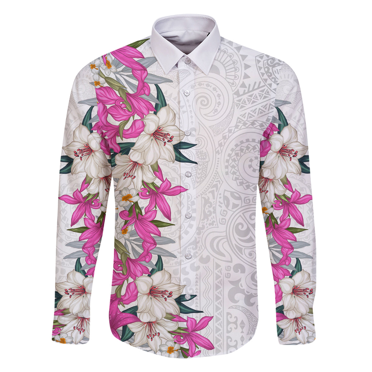 Hawaii Tropical Leaves and Flowers Family Matching Off Shoulder Maxi Dress and Hawaiian Shirt Tribal Polynesian Pattern White Style