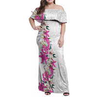 Hawaii Tropical Leaves and Flowers Family Matching Off Shoulder Maxi Dress and Hawaiian Shirt Tribal Polynesian Pattern White Style