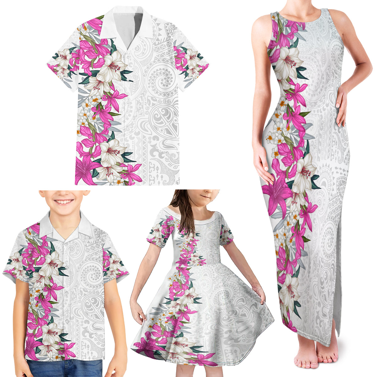 Hawaii Tropical Leaves and Flowers Family Matching Tank Maxi Dress and Hawaiian Shirt Tribal Polynesian Pattern White Style LT03 - Polynesian Pride