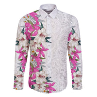 Hawaii Tropical Leaves and Flowers Family Matching Tank Maxi Dress and Hawaiian Shirt Tribal Polynesian Pattern White Style LT03 Dad's Shirt - Long Sleeve White - Polynesian Pride