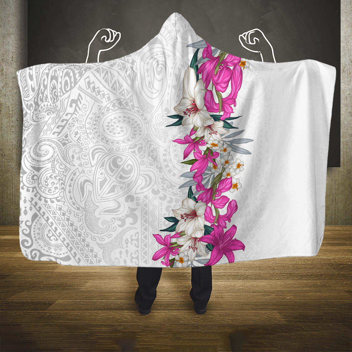 Hawaii Tropical Leaves and Flowers Hooded Blanket Tribal Polynesian Pattern White Style LT03 One Size White - Polynesian Pride