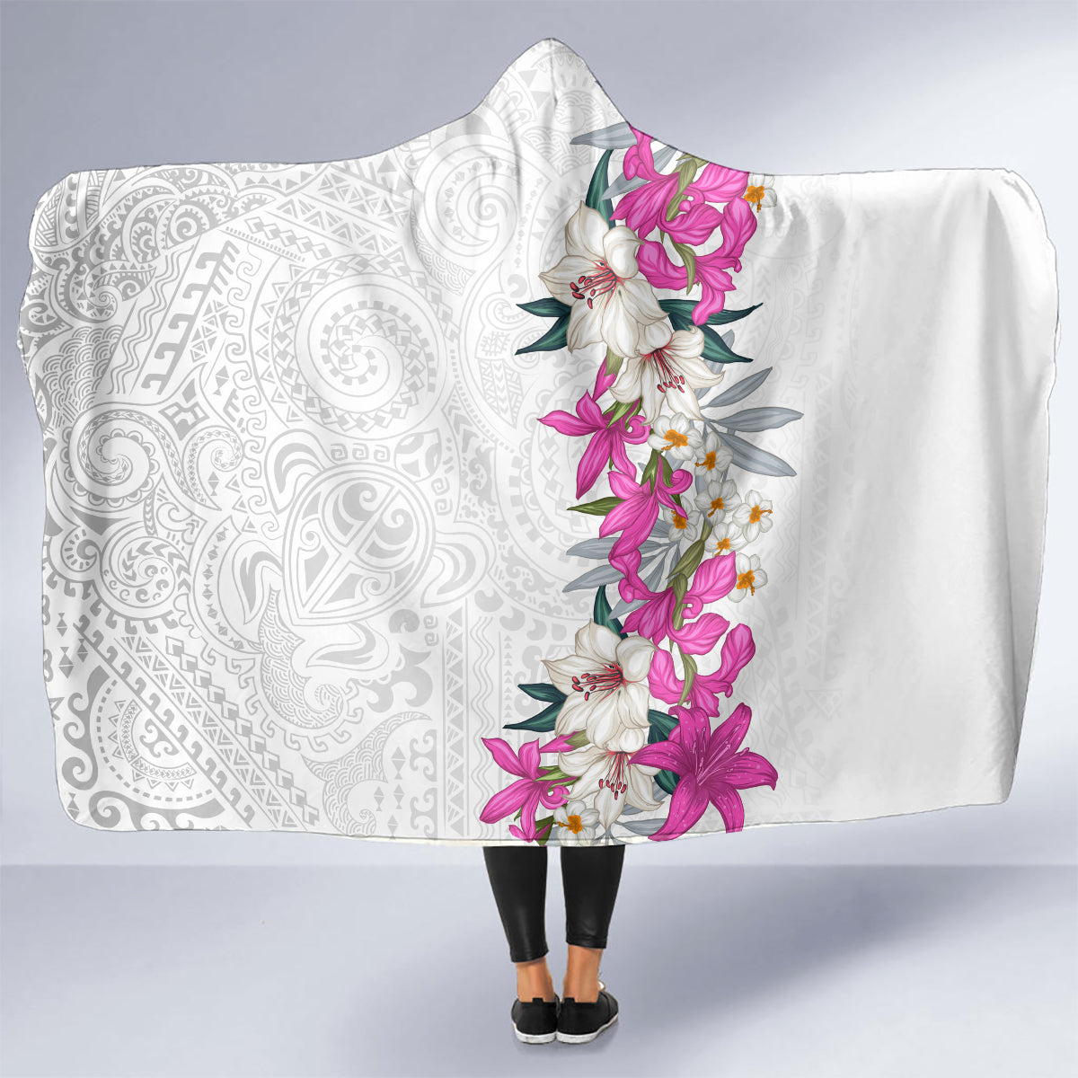 Hawaii Tropical Leaves and Flowers Hooded Blanket Tribal Polynesian Pattern White Style LT03 - Polynesian Pride