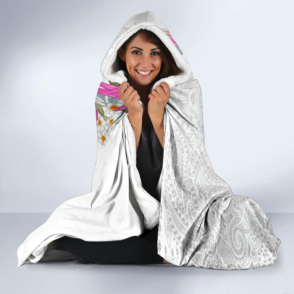 Hawaii Tropical Leaves and Flowers Hooded Blanket Tribal Polynesian Pattern White Style LT03 - Polynesian Pride