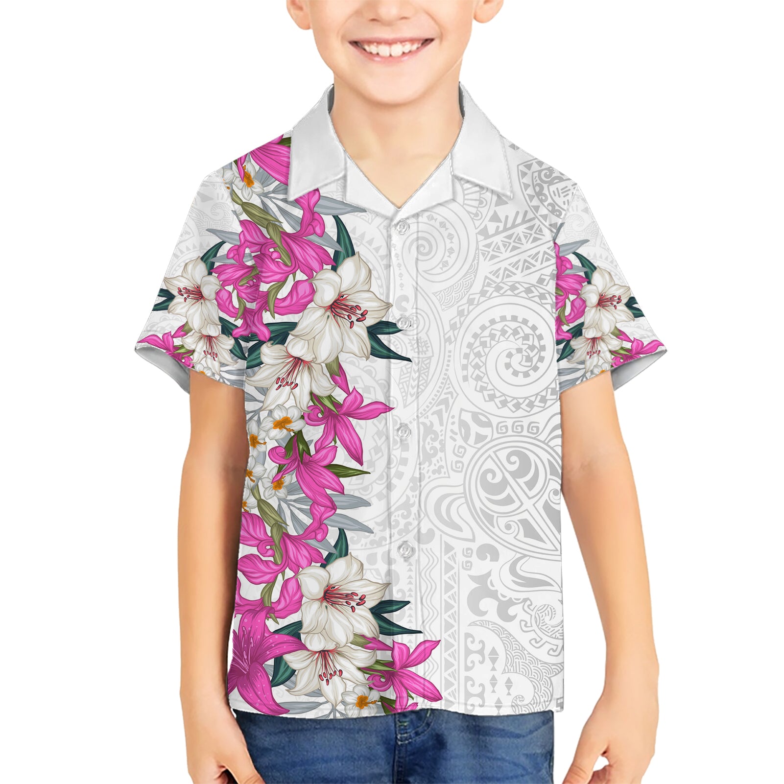 Hawaii Tropical Leaves and Flowers Kid Hawaiian Shirt Tribal Polynesian Pattern White Style