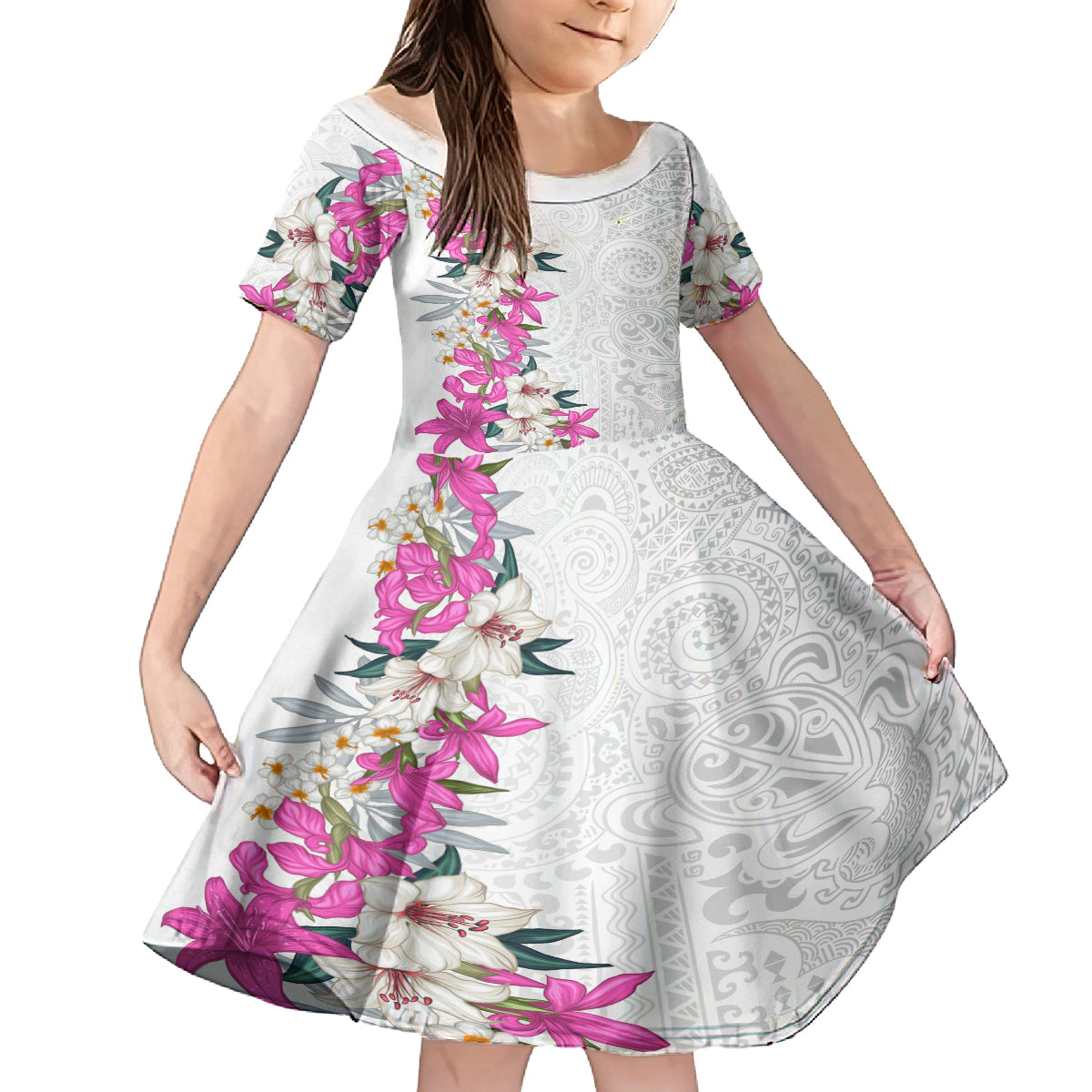 Hawaii Tropical Leaves and Flowers Kid Short Sleeve Dress Tribal Polynesian Pattern White Style LT03 KID White - Polynesian Pride
