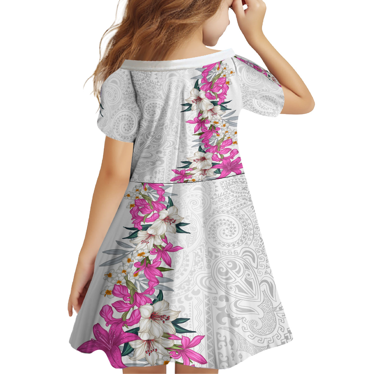 Hawaii Tropical Leaves and Flowers Kid Short Sleeve Dress Tribal Polynesian Pattern White Style LT03 - Polynesian Pride