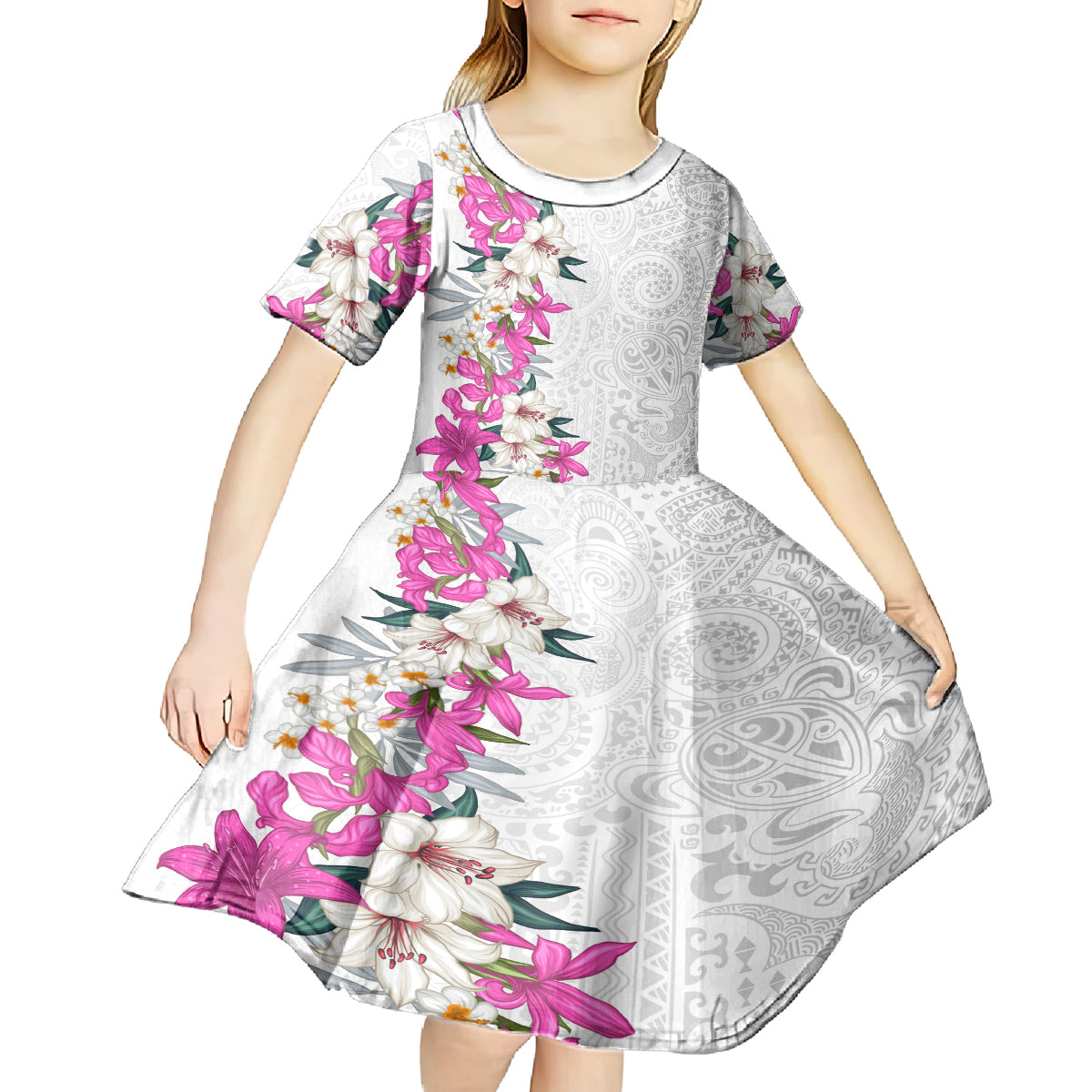 Hawaii Tropical Leaves and Flowers Kid Short Sleeve Dress Tribal Polynesian Pattern White Style LT03 - Polynesian Pride