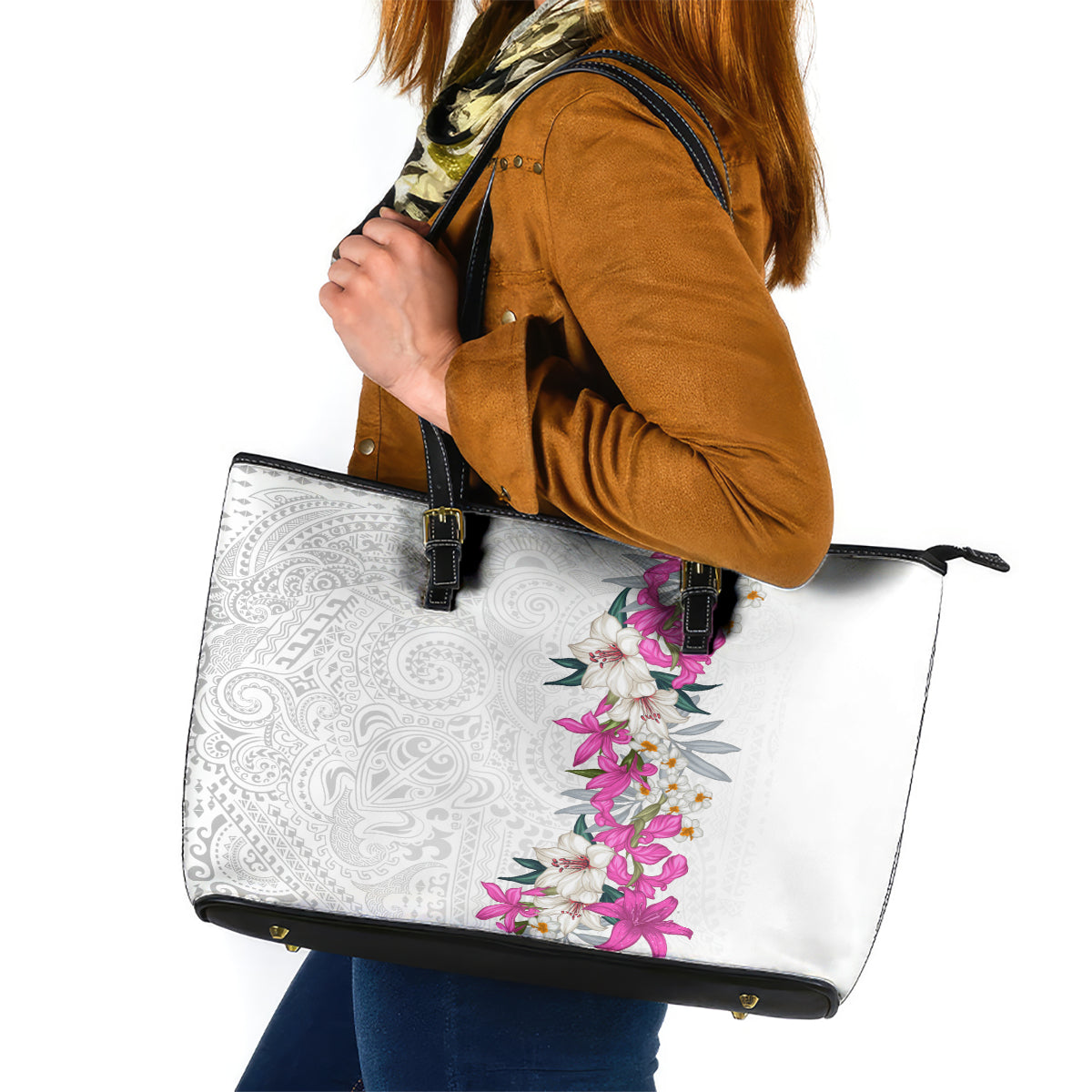 Hawaii Tropical Leaves and Flowers Leather Tote Bag Tribal Polynesian Pattern White Style LT03 White - Polynesian Pride