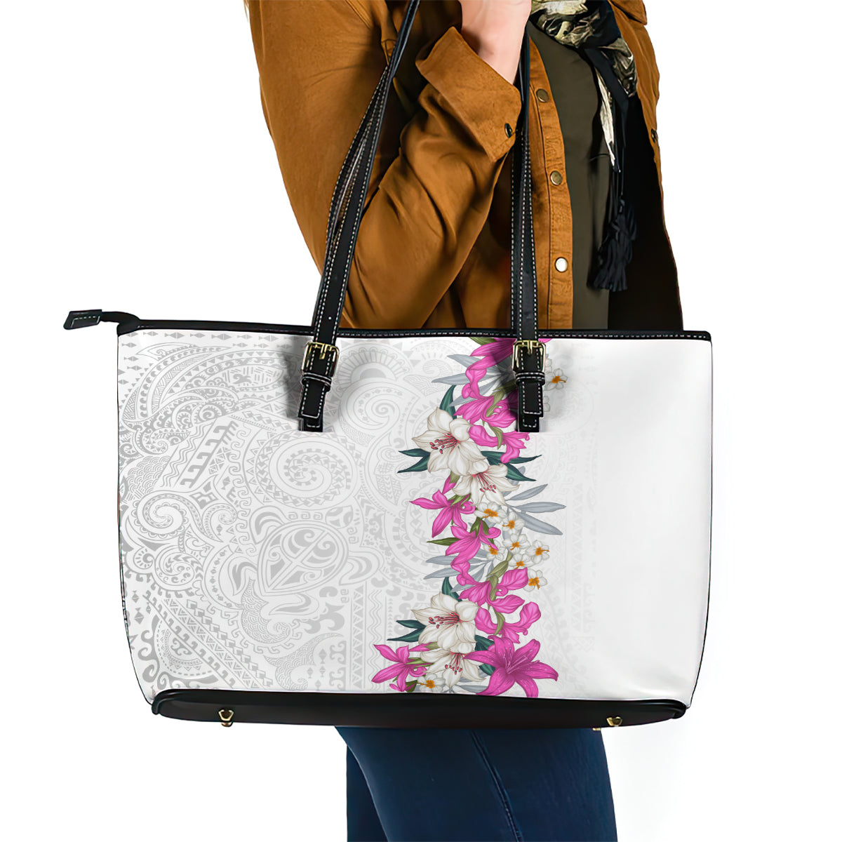 Hawaii Tropical Leaves and Flowers Leather Tote Bag Tribal Polynesian Pattern White Style LT03 - Polynesian Pride