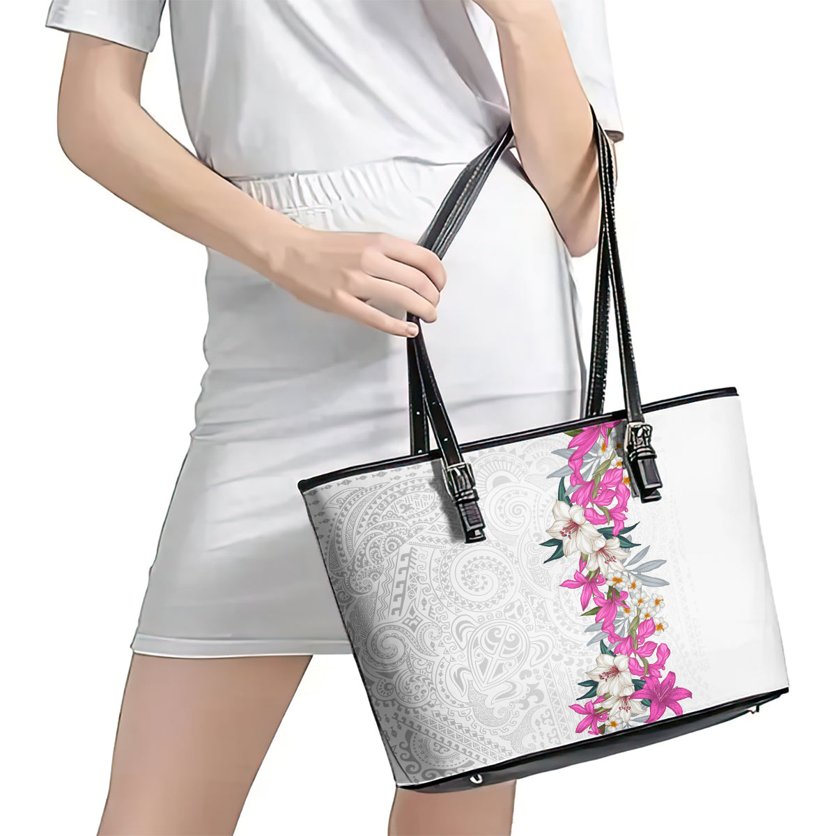 Hawaii Tropical Leaves and Flowers Leather Tote Bag Tribal Polynesian Pattern White Style LT03 - Polynesian Pride