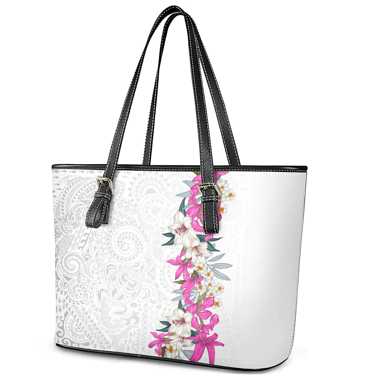 Hawaii Tropical Leaves and Flowers Leather Tote Bag Tribal Polynesian Pattern White Style LT03 - Polynesian Pride