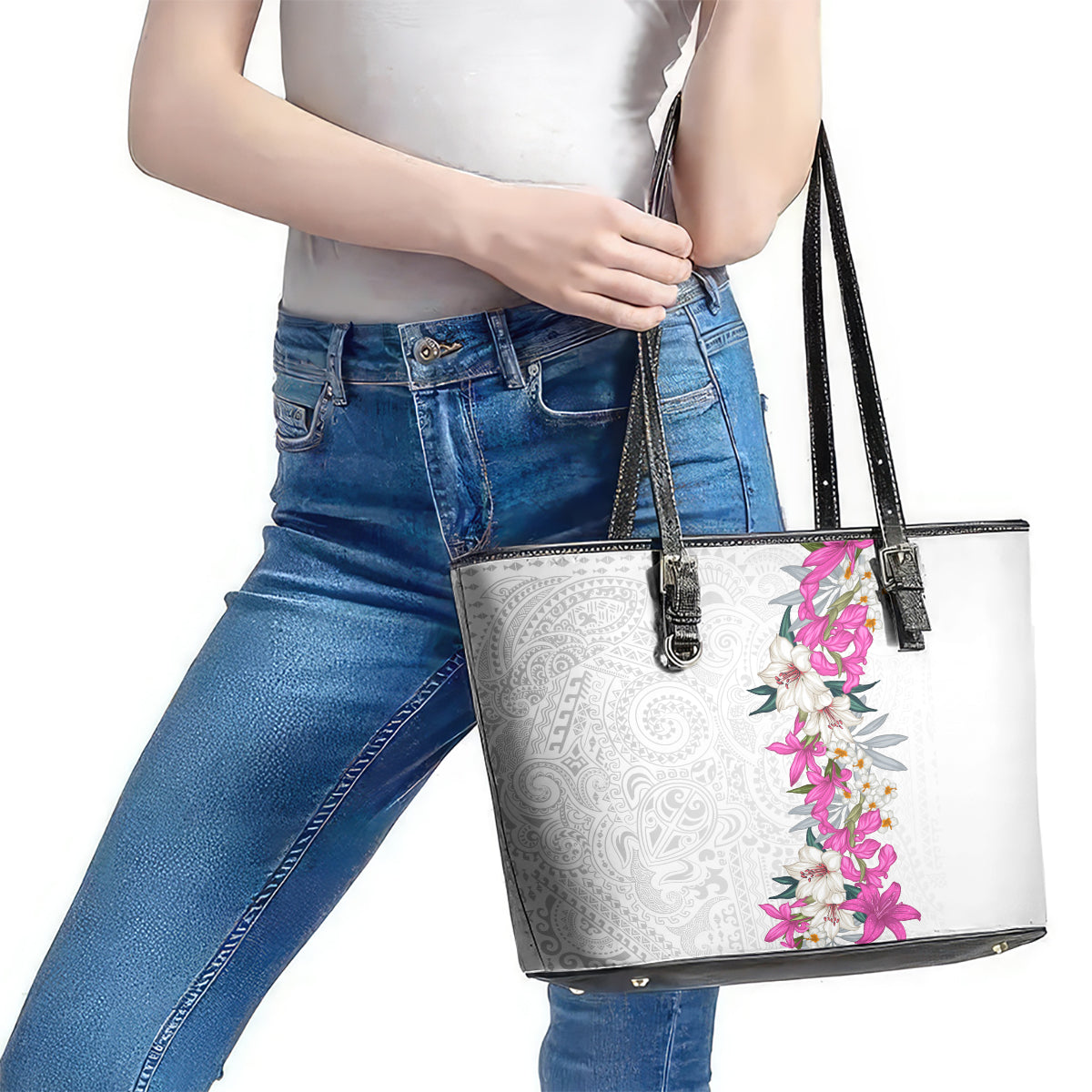 Hawaii Tropical Leaves and Flowers Leather Tote Bag Tribal Polynesian Pattern White Style LT03 - Polynesian Pride