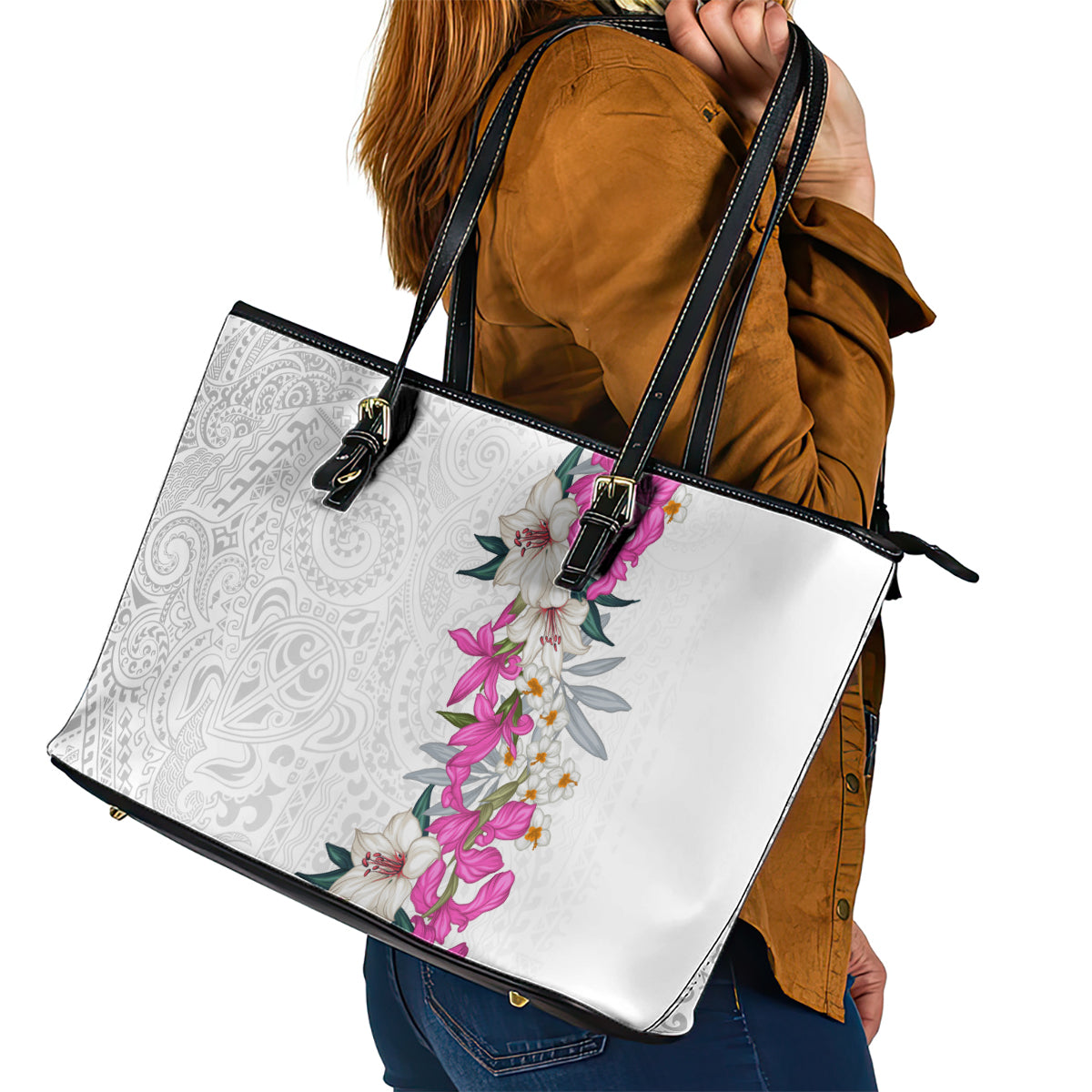 Hawaii Tropical Leaves and Flowers Leather Tote Bag Tribal Polynesian Pattern White Style LT03 - Polynesian Pride