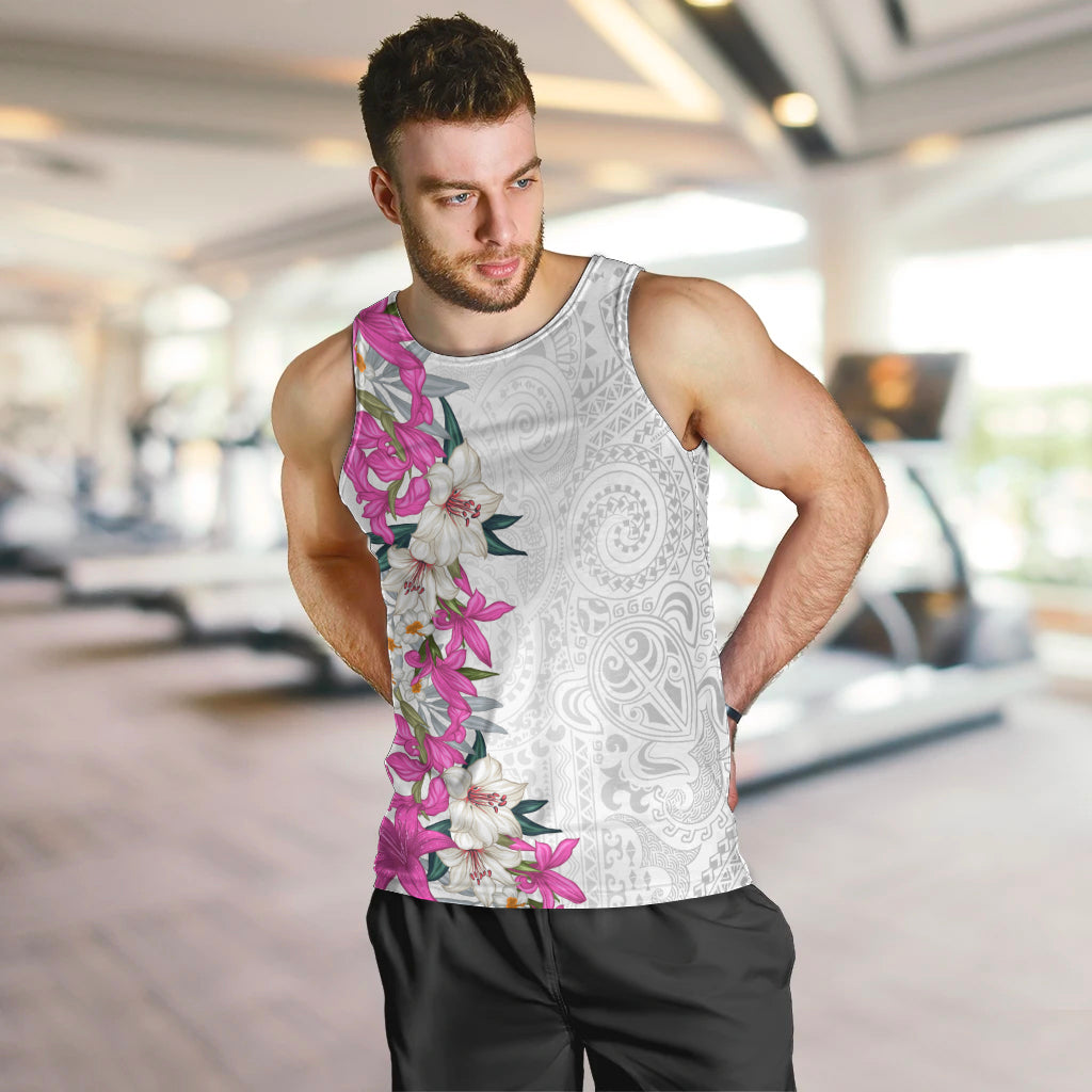Hawaii Tropical Leaves and Flowers Men Tank Top Tribal Polynesian Pattern White Style LT03 White - Polynesian Pride