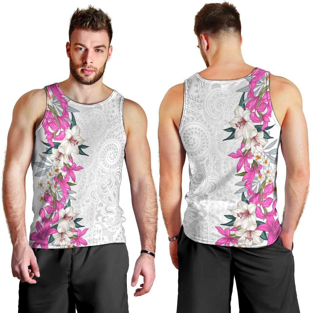 Hawaii Tropical Leaves and Flowers Men Tank Top Tribal Polynesian Pattern White Style LT03 - Polynesian Pride