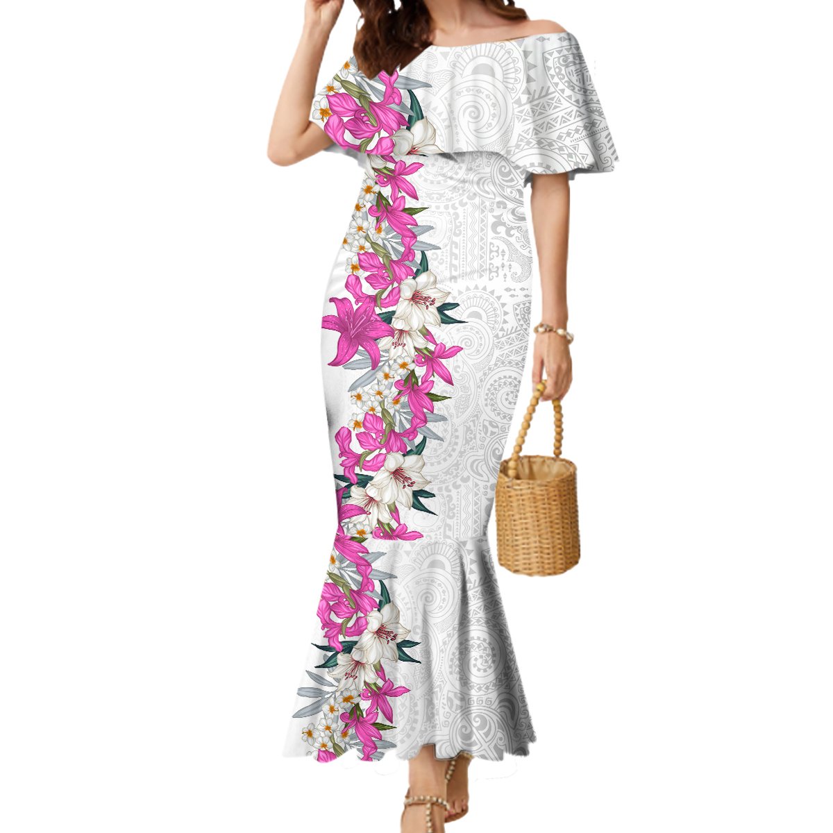 Hawaii Tropical Leaves and Flowers Mermaid Dress Tribal Polynesian Pattern White Style LT03 Women White - Polynesian Pride