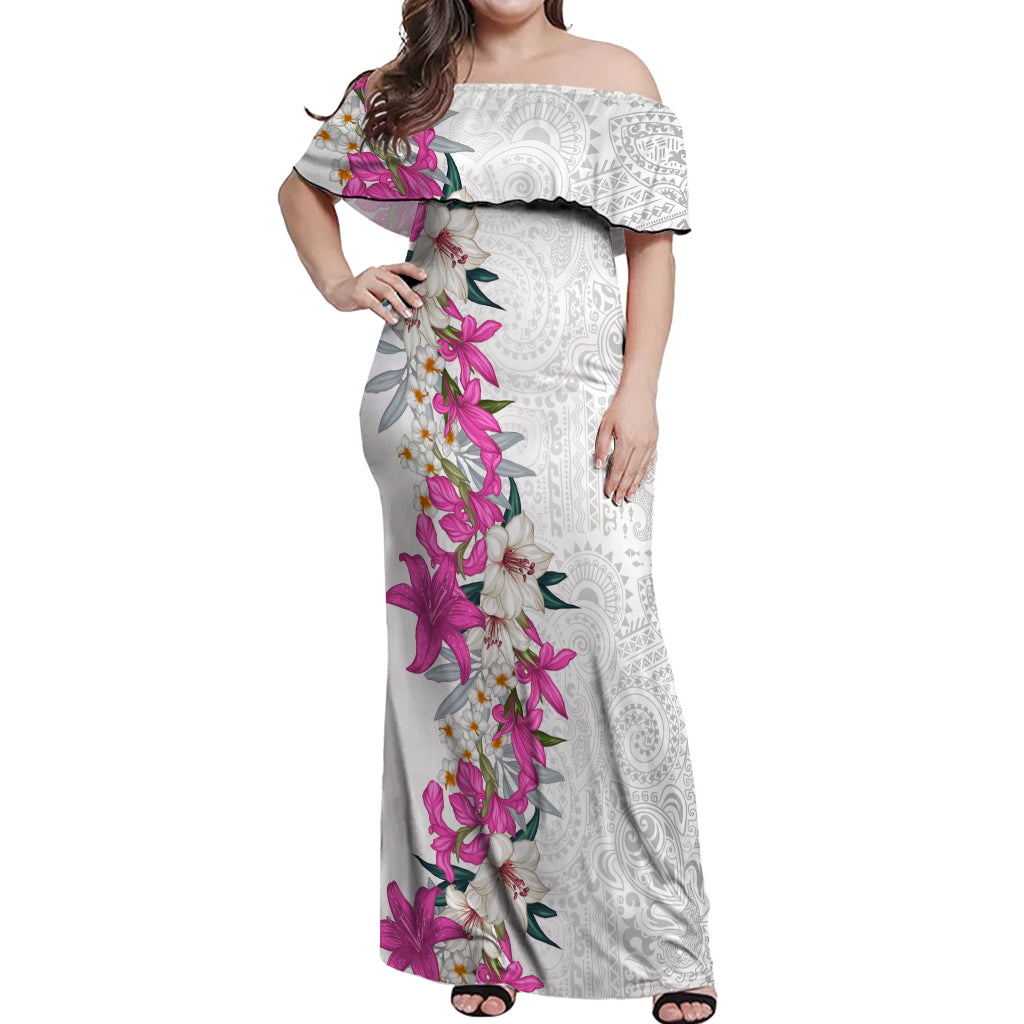 Hawaii Tropical Leaves and Flowers Off Shoulder Maxi Dress Tribal Polynesian Pattern White Style LT03 Women White - Polynesian Pride