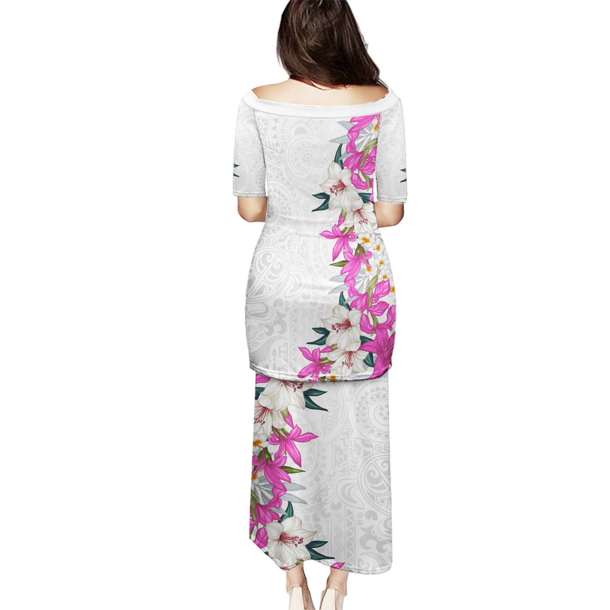 Hawaii Tropical Leaves and Flowers Puletasi Tribal Polynesian Pattern White Style LT03 - Polynesian Pride