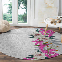 Hawaii Tropical Leaves and Flowers Round Carpet Tribal Polynesian Pattern White Style