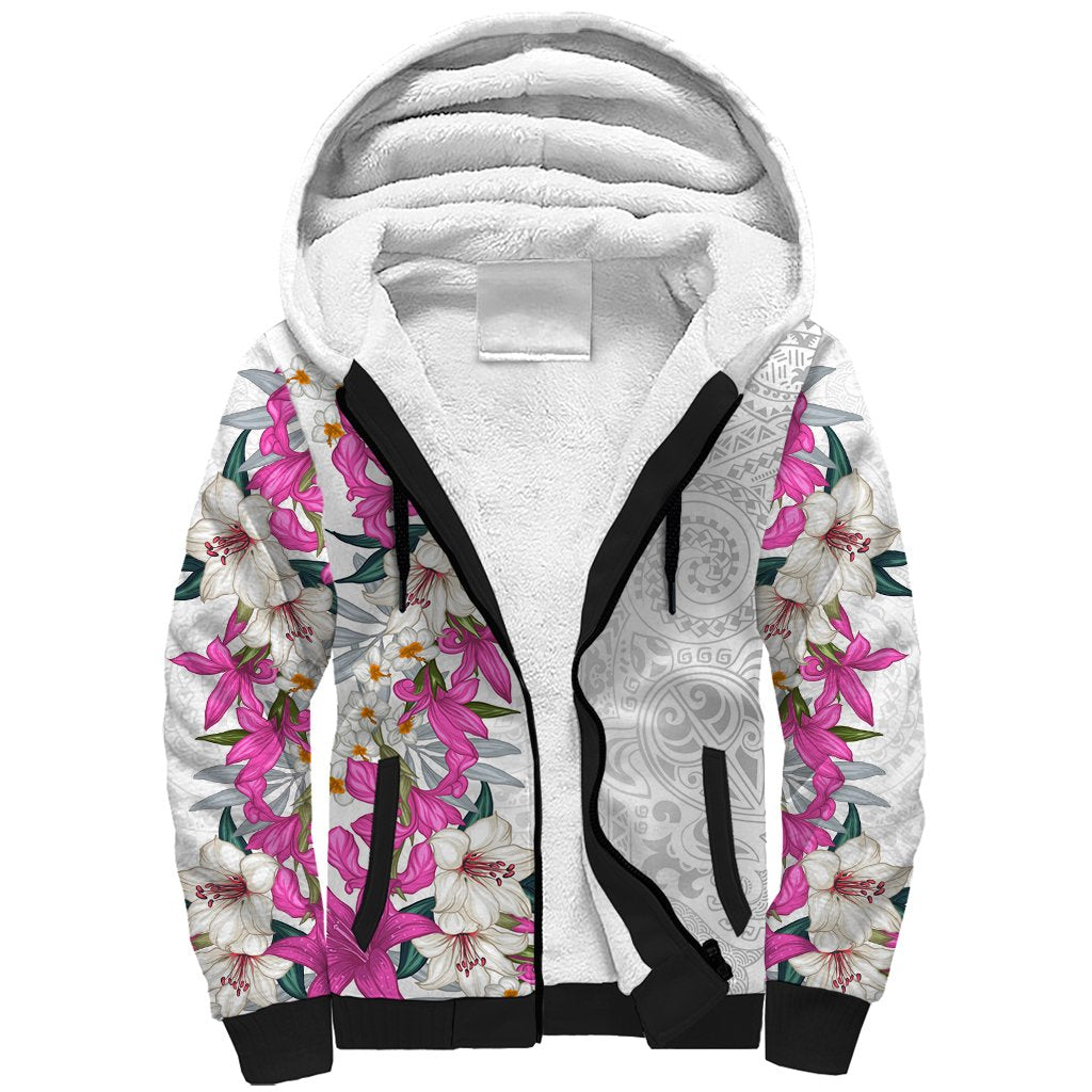 Hawaii Tropical Leaves and Flowers Sherpa Hoodie Tribal Polynesian Pattern White Style LT03 Unisex White - Polynesian Pride