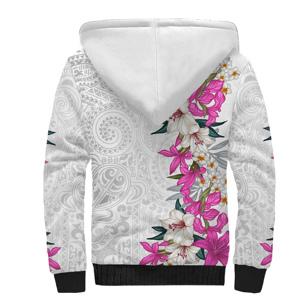 Hawaii Tropical Leaves and Flowers Sherpa Hoodie Tribal Polynesian Pattern White Style LT03 - Polynesian Pride