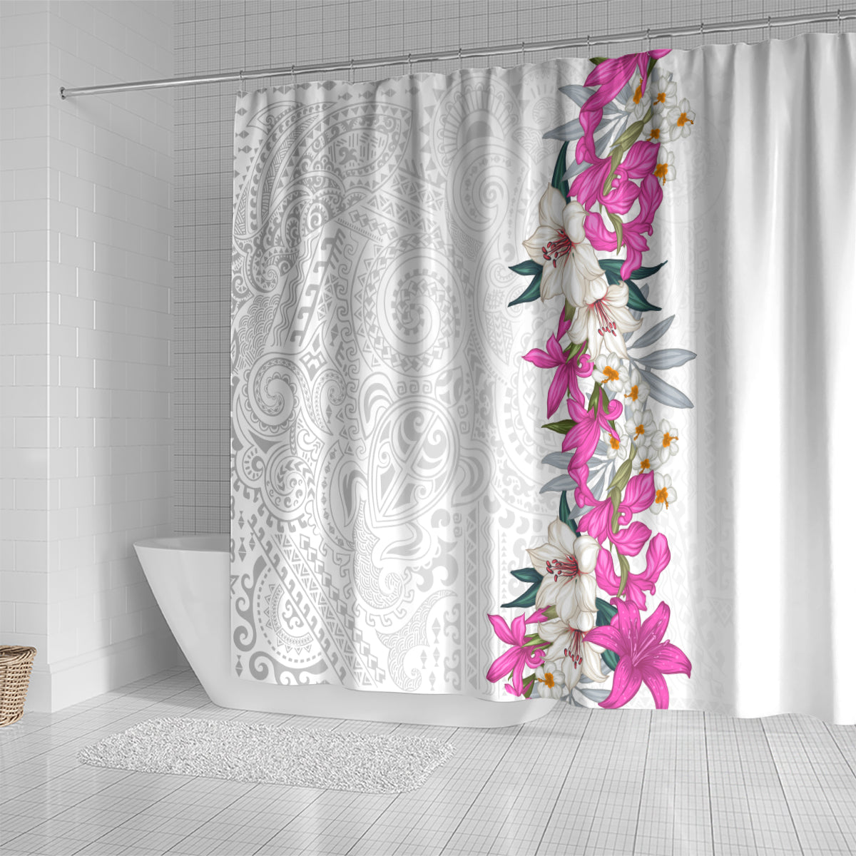 Hawaii Tropical Leaves and Flowers Shower Curtain Tribal Polynesian Pattern White Style