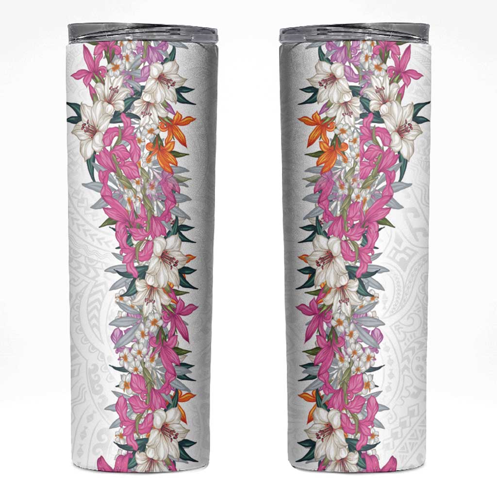 Hawaii Tropical Leaves and Flowers Skinny Tumbler Tribal Polynesian Pattern White Style