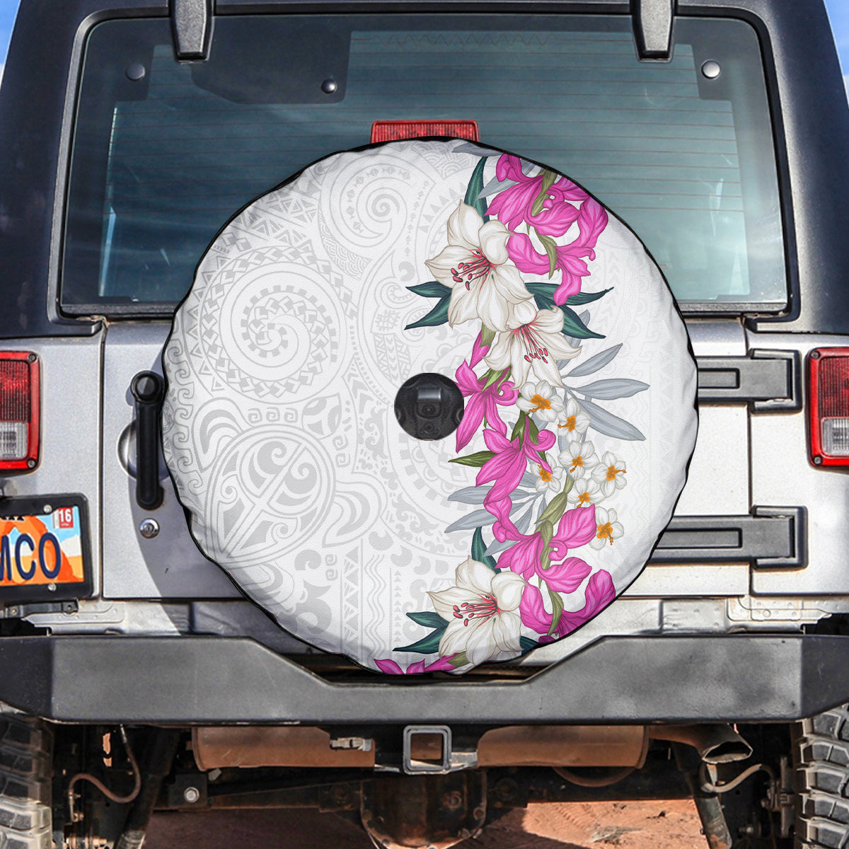Hawaii Tropical Leaves and Flowers Spare Tire Cover Tribal Polynesian Pattern White Style LT03 White - Polynesian Pride
