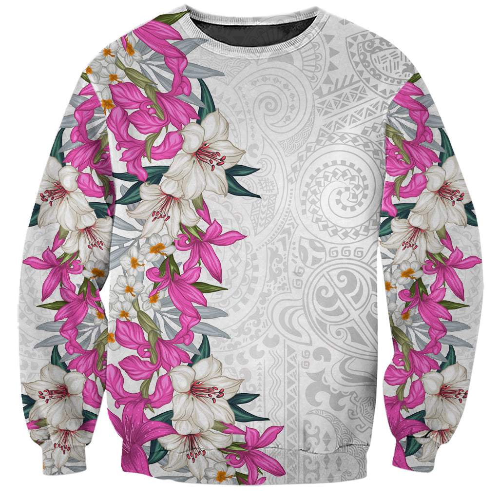 Hawaii Tropical Leaves and Flowers Sweatshirt Tribal Polynesian Pattern White Style LT03 Unisex White - Polynesian Pride