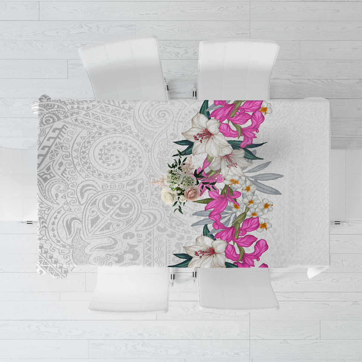 Hawaii Tropical Leaves and Flowers Tablecloth Tribal Polynesian Pattern White Style LT03 White - Polynesian Pride