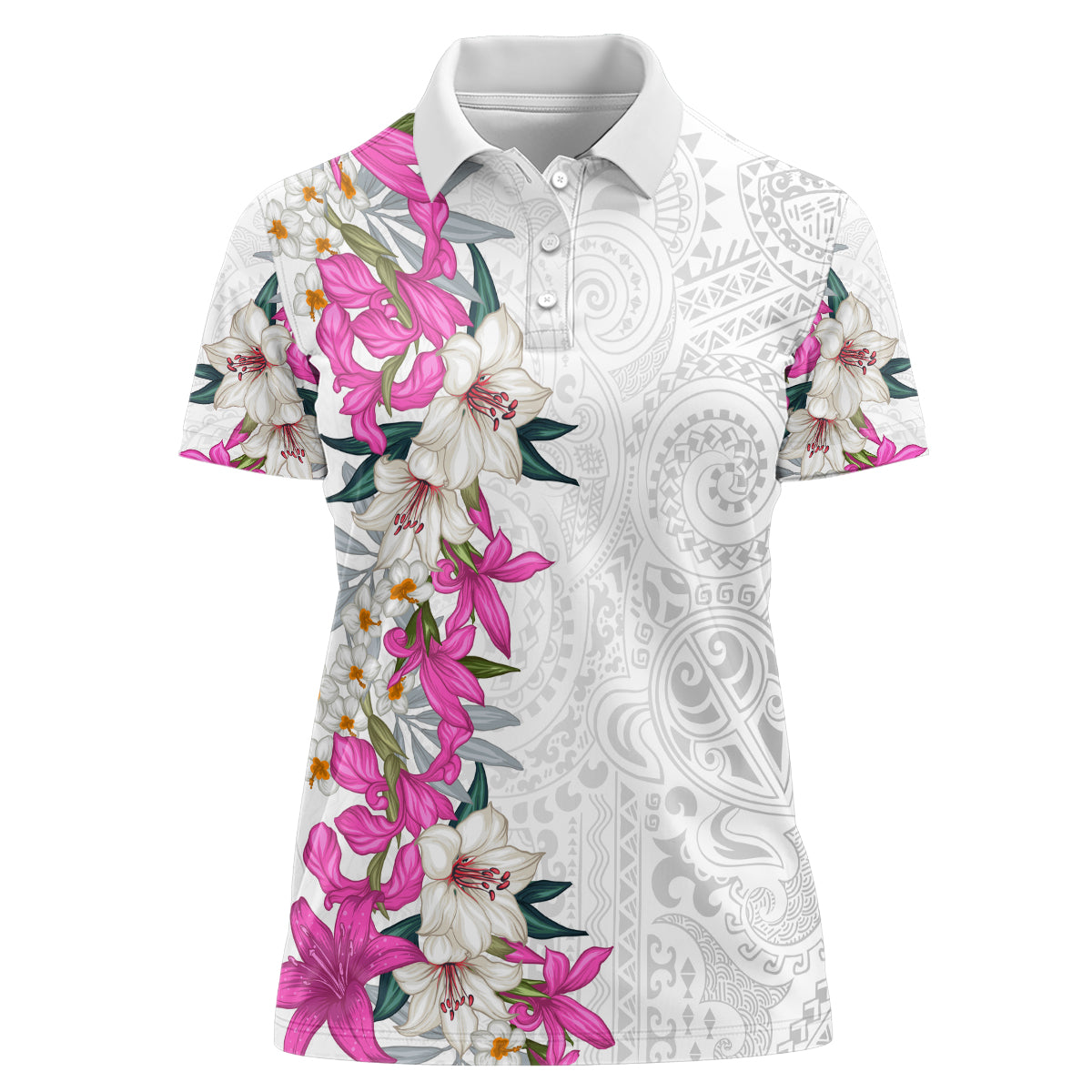 Hawaii Tropical Leaves and Flowers Women Polo Shirt Tribal Polynesian Pattern White Style