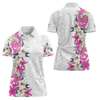 Hawaii Tropical Leaves and Flowers Women Polo Shirt Tribal Polynesian Pattern White Style