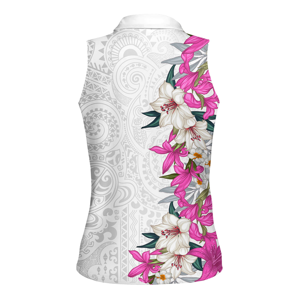 Hawaii Tropical Leaves and Flowers Women Sleeveless Polo Shirt Tribal Polynesian Pattern White Style