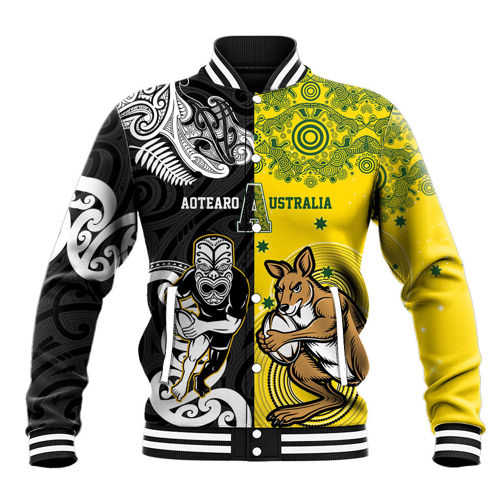 Aotearoa New Zealand and Australia Rugby Personalized Baseball Jacket Maori Koru and Aboriginal Dot Art Cultural Heritage LT03 Unisex Multicolor - Polynesian Pride