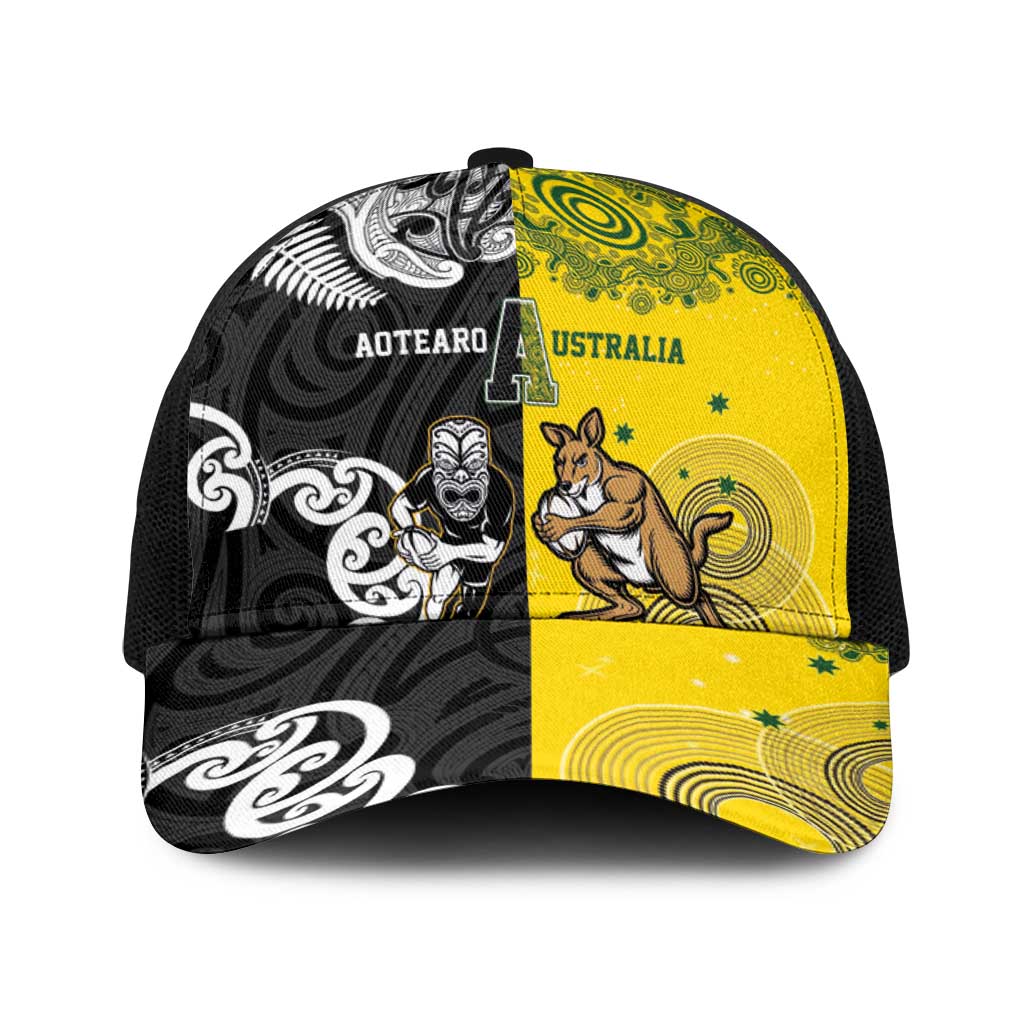 Aotearoa New Zealand and Australia Rugby Baseball Net Cap Maori Koru and Aboriginal Dot Art Cultural Heritage LT03 One Size Black Multicolor - Polynesian Pride