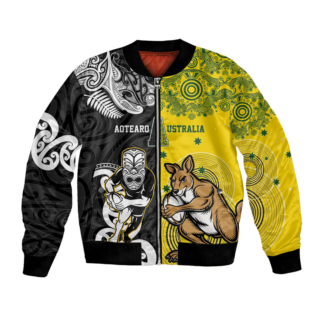 Aotearoa New Zealand and Australia Rugby Personalized Bomber Jacket Maori Koru and Aboriginal Dot Art Cultural Heritage LT03 Unisex Multicolor - Polynesian Pride