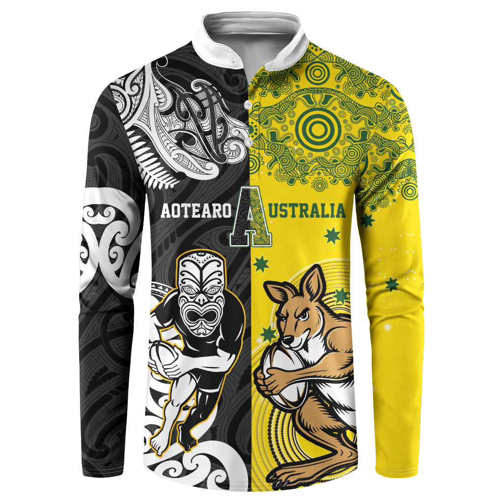 Aotearoa New Zealand and Australia Rugby Personalized Button Sweatshirt Maori Koru and Aboriginal Dot Art Cultural Heritage LT03 Multicolor - Polynesian Pride