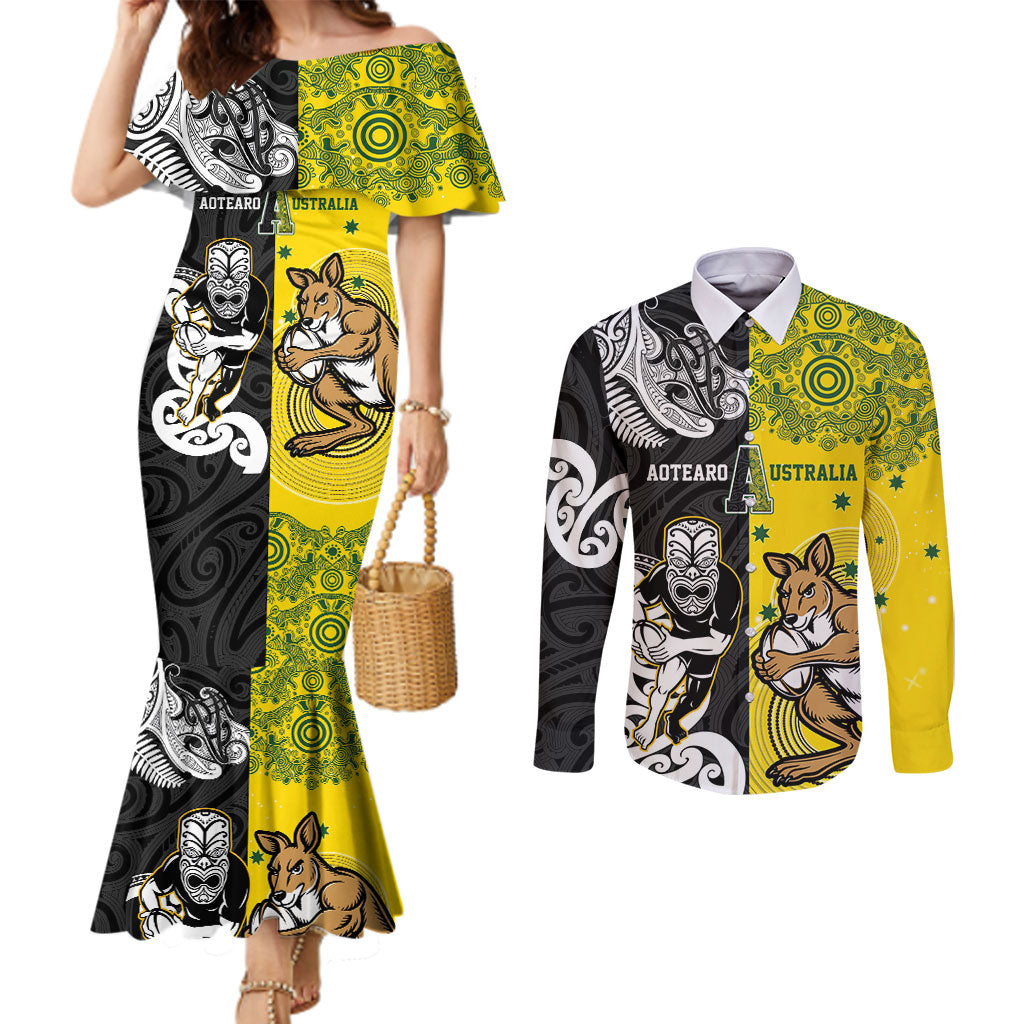 Aotearoa New Zealand and Australia Rugby Personalized Couples Matching Mermaid Dress and Long Sleeve Button Shirt Maori Koru and Aboriginal Dot Art Cultural Heritage LT03 Multicolor - Polynesian Pride