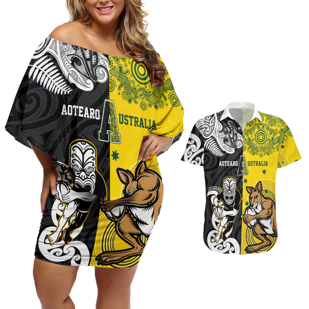 Aotearoa New Zealand and Australia Rugby Personalized Couples Matching Off Shoulder Short Dress and Hawaiian Shirt Maori Koru and Aboriginal Dot Art Cultural Heritage LT03 Multicolor - Polynesian Pride