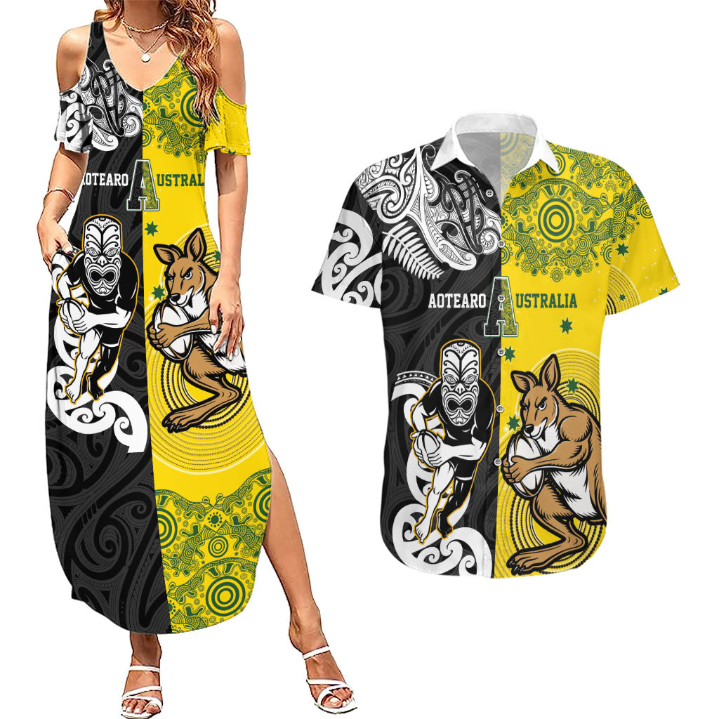 Aotearoa New Zealand and Australia Rugby Personalized Couples Matching Summer Maxi Dress and Hawaiian Shirt Maori Koru and Aboriginal Dot Art Cultural Heritage LT03 Multicolor - Polynesian Pride