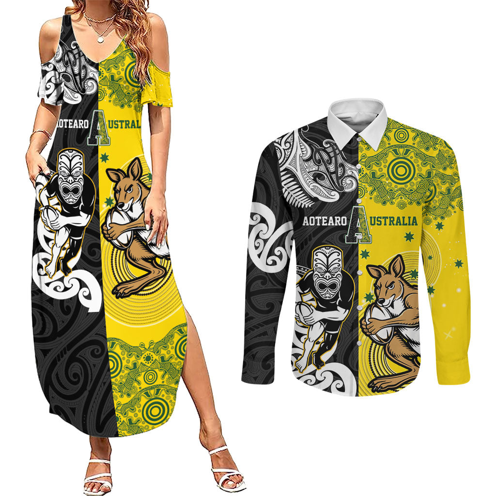 Aotearoa New Zealand and Australia Rugby Personalized Couples Matching Summer Maxi Dress and Long Sleeve Button Shirt Maori Koru and Aboriginal Dot Art Cultural Heritage LT03 Multicolor - Polynesian Pride