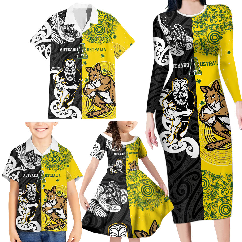 Aotearoa New Zealand and Australia Rugby Personalized Family Matching Long Sleeve Bodycon Dress and Hawaiian Shirt Maori Koru and Aboriginal Dot Art Cultural Heritage LT03 - Polynesian Pride