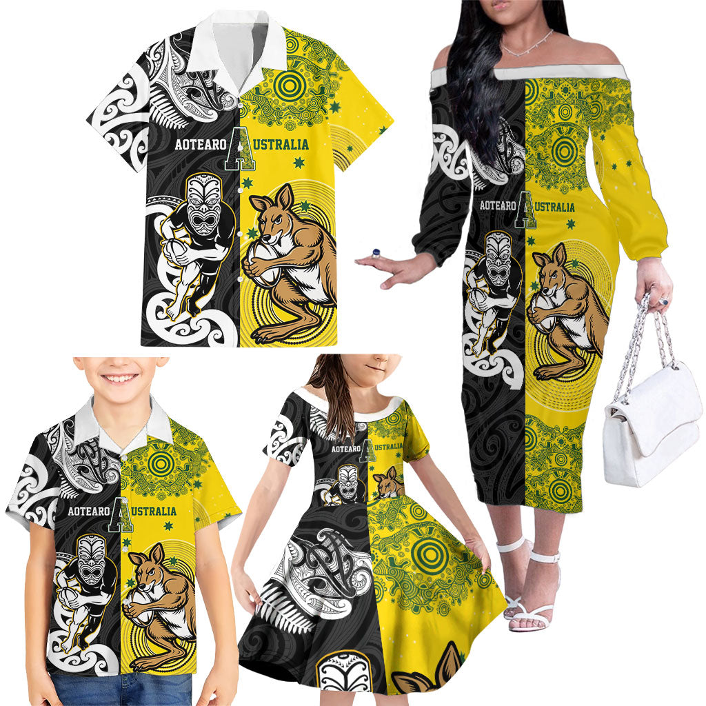 Aotearoa New Zealand and Australia Rugby Personalized Family Matching Off The Shoulder Long Sleeve Dress and Hawaiian Shirt Maori Koru and Aboriginal Dot Art Cultural Heritage LT03 - Polynesian Pride