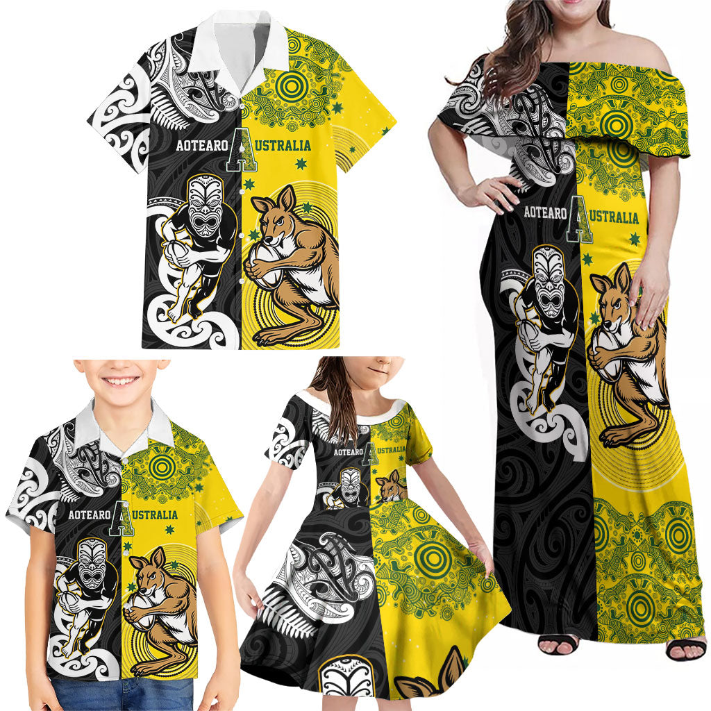Aotearoa New Zealand and Australia Rugby Personalized Family Matching Off Shoulder Maxi Dress and Hawaiian Shirt Maori Koru and Aboriginal Dot Art Cultural Heritage LT03 - Polynesian Pride