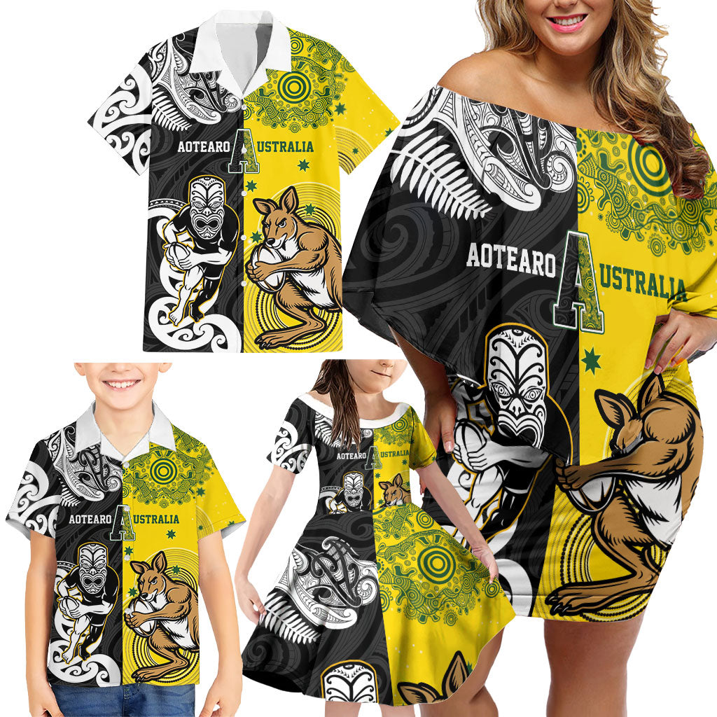 Aotearoa New Zealand and Australia Rugby Personalized Family Matching Off Shoulder Short Dress and Hawaiian Shirt Maori Koru and Aboriginal Dot Art Cultural Heritage LT03 - Polynesian Pride