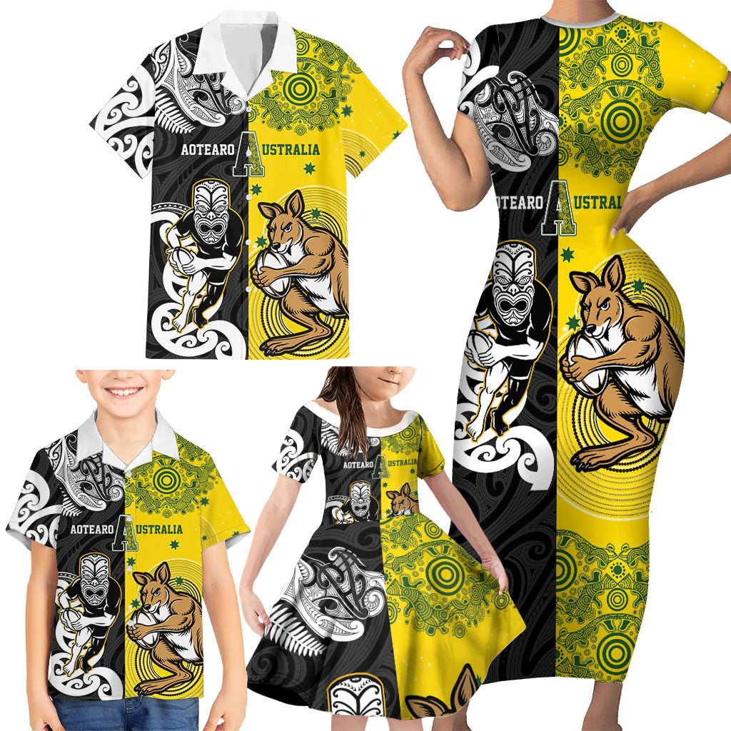 Aotearoa New Zealand and Australia Rugby Personalized Family Matching Short Sleeve Bodycon Dress and Hawaiian Shirt Maori Koru and Aboriginal Dot Art Cultural Heritage LT03 - Polynesian Pride